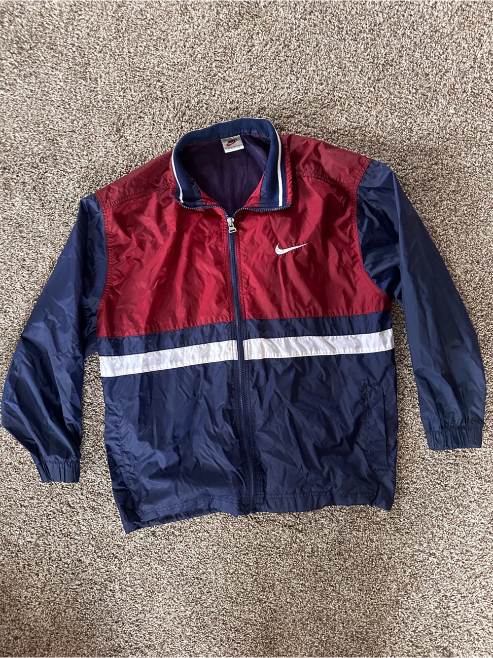 Nike Kids Burgundy and Navy Zip-Up Track Jacket with White Stripe